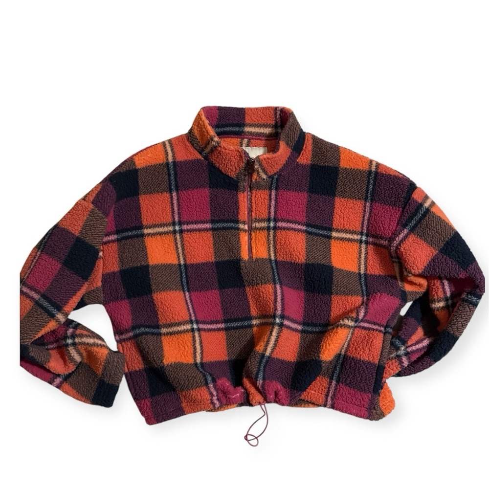 American Eagle Cozy Cropped Oversize Pullover L Quarter Zip Plaid Multicolor AE - Picture 2 of 8